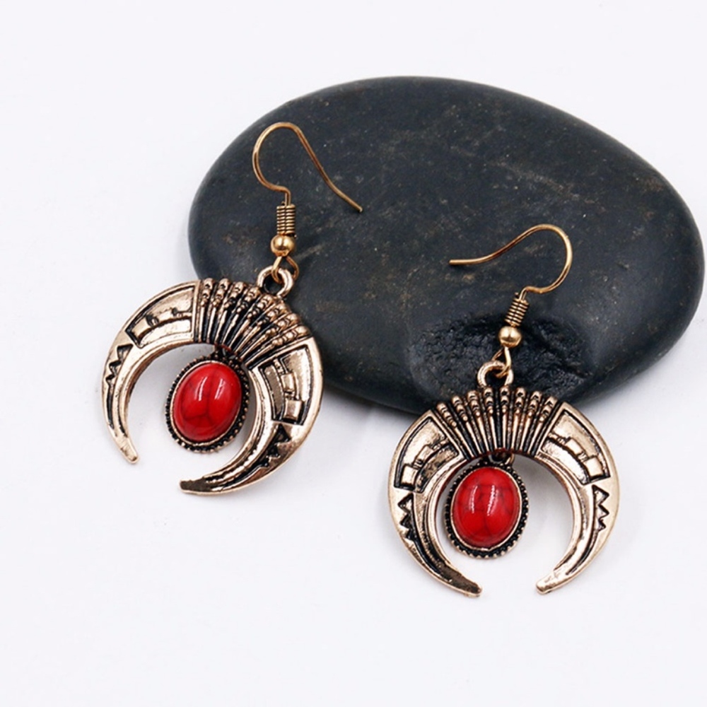 Boho Red Marble Crescent Horn Dangle Earrings - Picture 2 of 7